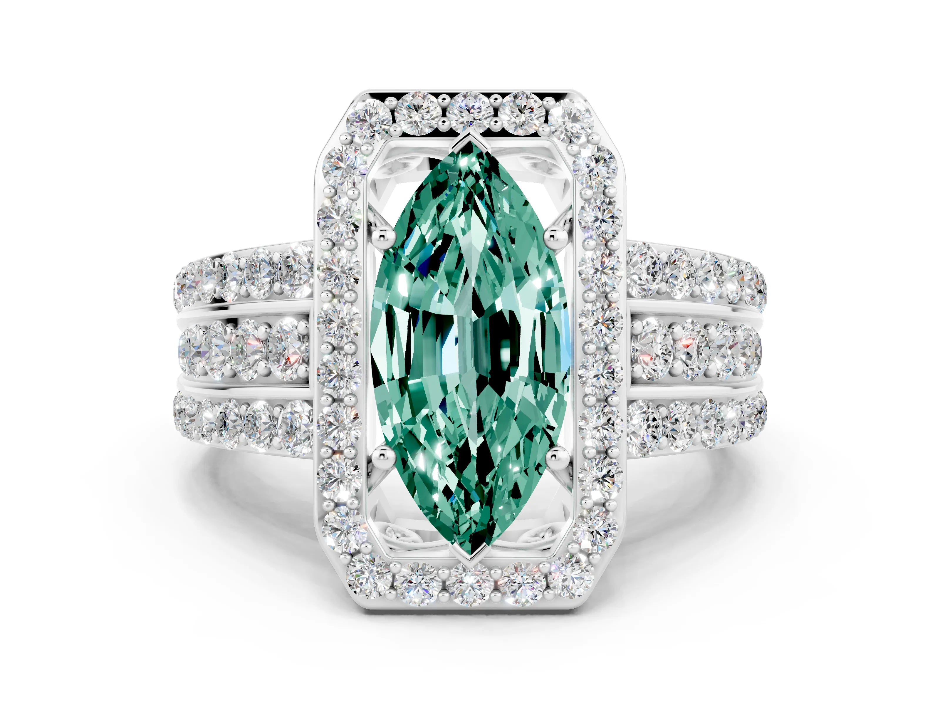 White gold Marquise Cut Halo Green Sapphire Ring with Round  Split Shank and Prong Setting_12