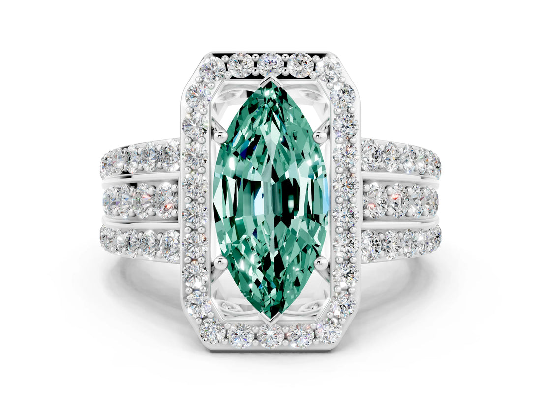 White gold Marquise Cut Halo Green Sapphire Ring with Round  Split Shank and Prong Setting_12