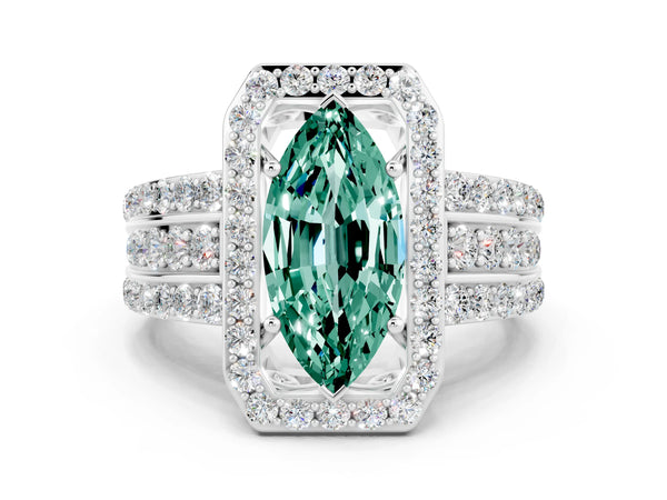 Silver Marquise Cut Halo Green Sapphire Ring with Round  Split Shank and Prong Setting