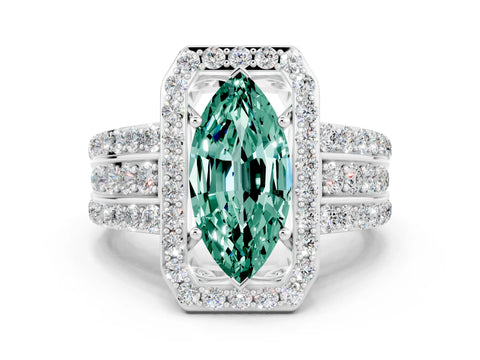 White gold Marquise Cut Halo Green Sapphire Ring with Round  Split Shank and Prong Setting_12