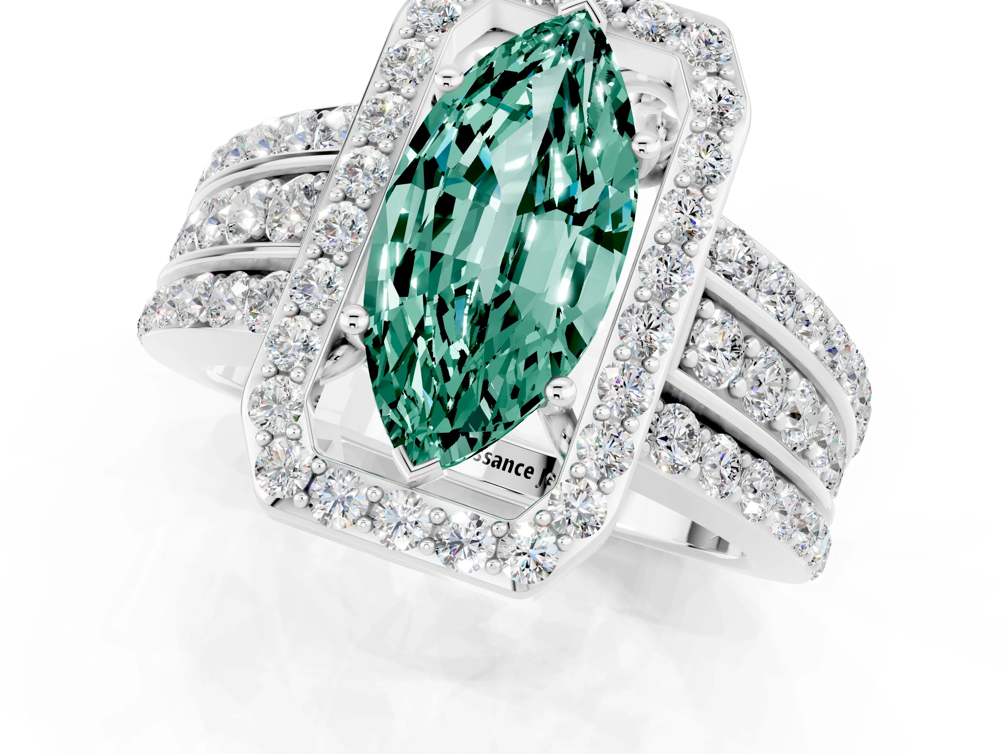 White gold Marquise Cut Halo Green Sapphire Ring with Round  Split Shank and Prong Setting_13