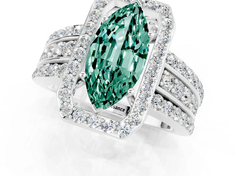 White gold Marquise Cut Halo Green Sapphire Ring with Round  Split Shank and Prong Setting_13