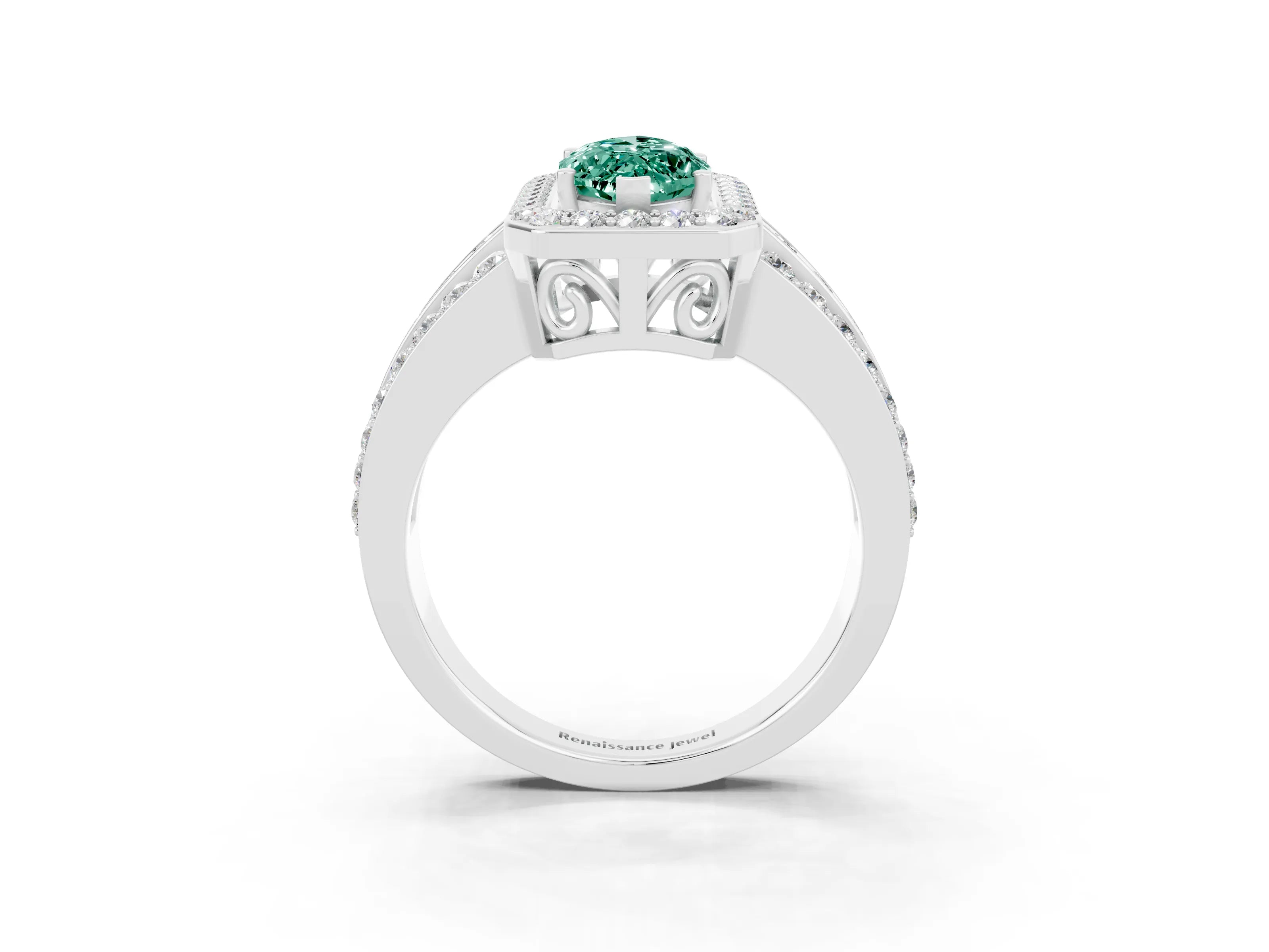 White gold Marquise Cut Halo Green Sapphire Ring with Round  Split Shank and Prong Setting_15