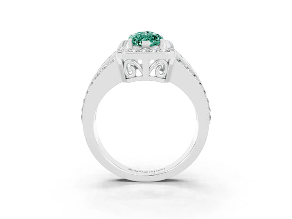 Silver Marquise Cut Halo Green Sapphire Ring with Round  Split Shank and Prong Setting
