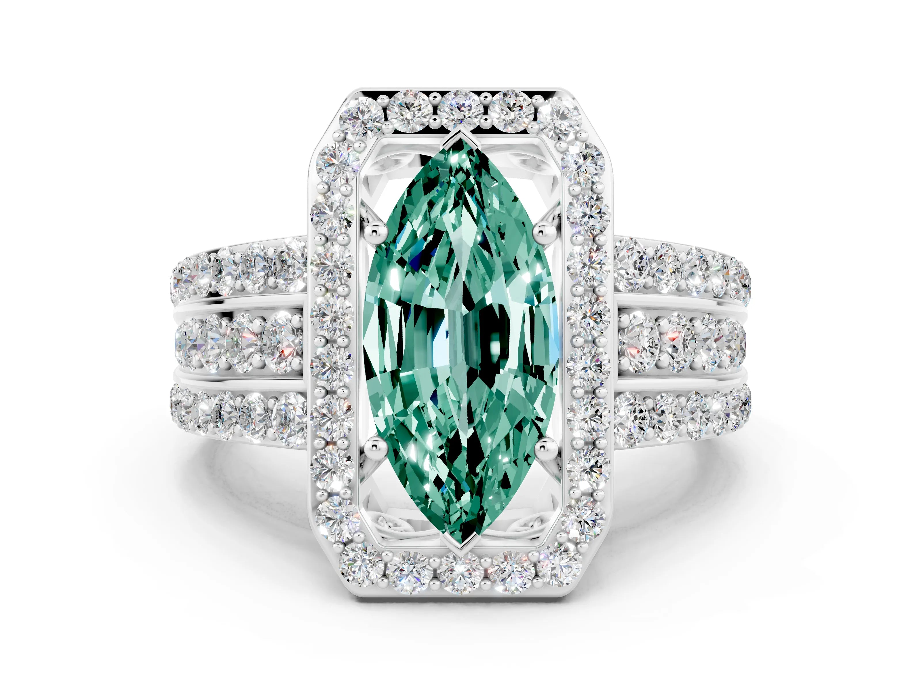 White gold Marquise Cut Halo Green Sapphire Ring with Split Shank and Four-Prong Setting