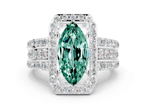 White gold Marquise Cut Halo Green Sapphire Ring with Split Shank and Four-Prong Setting