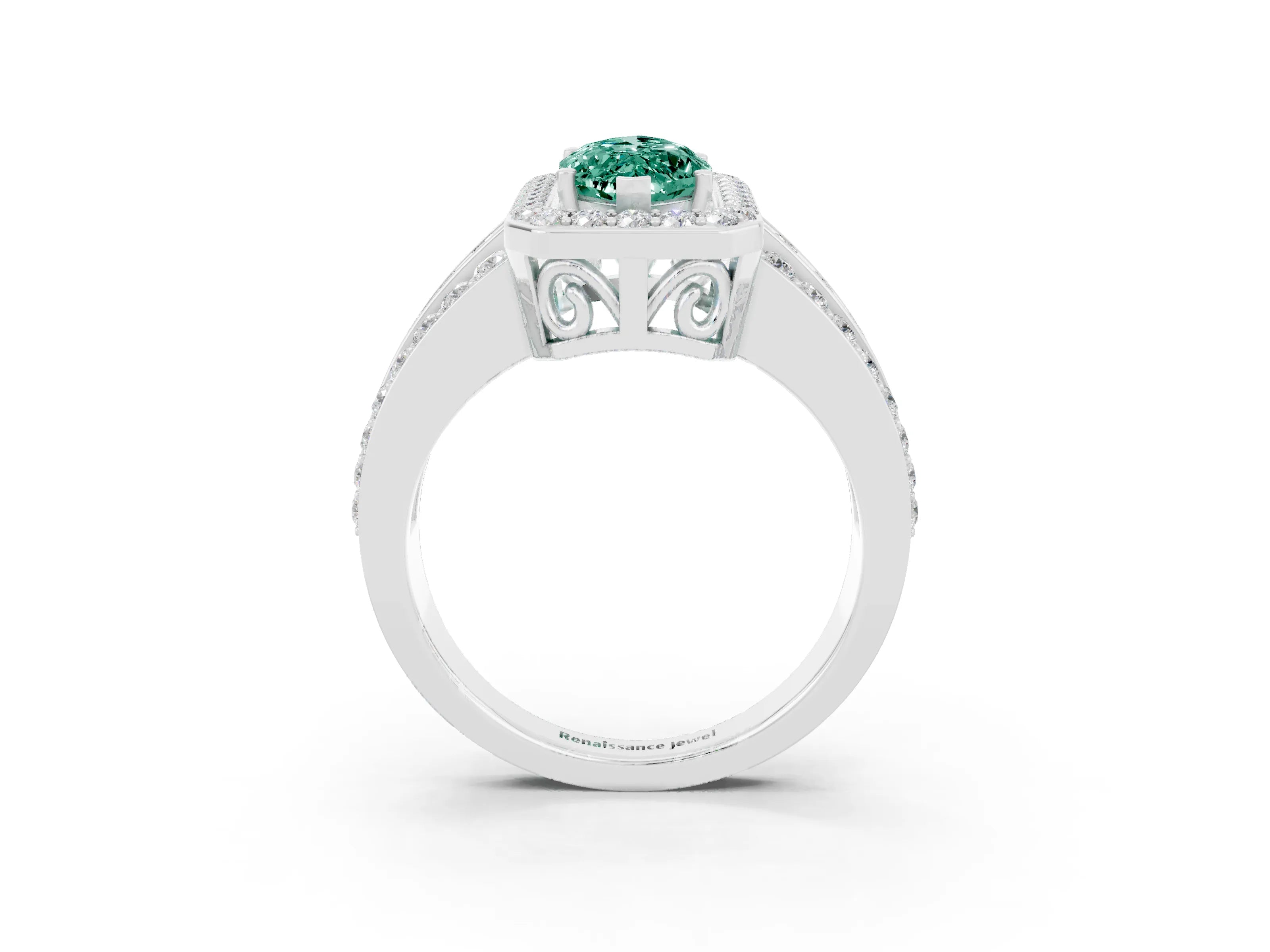 White gold Marquise Cut Halo Green Sapphire Ring with Split Shank and Four-Prong Setting_3
