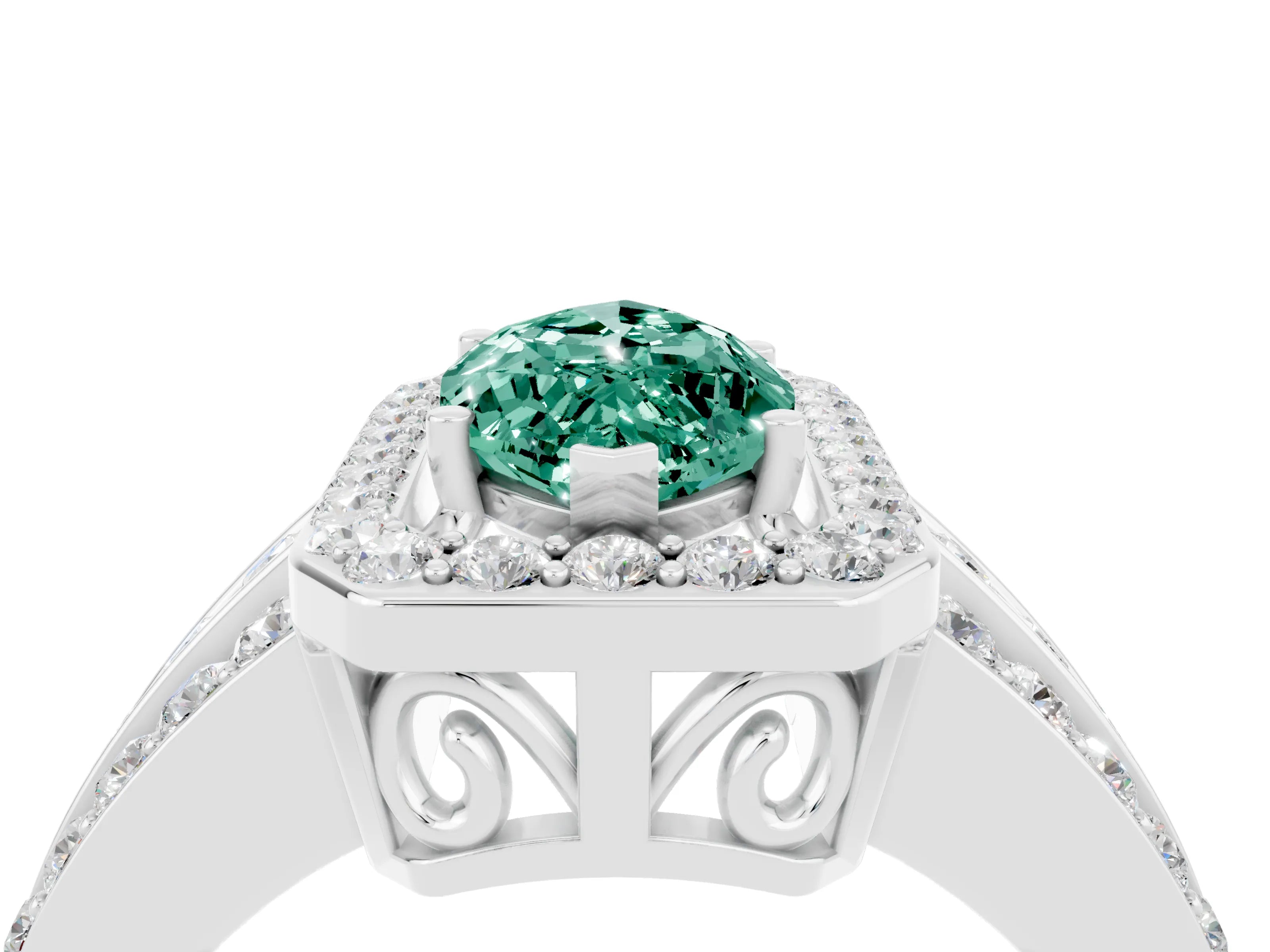 White gold Marquise Cut Halo Green Sapphire Ring with Split Shank and Four-Prong Setting_4