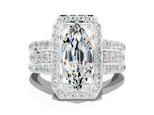 Platinum Marquise Cut Halo Moissanite Ring with Round  Split Shank and Prong Setting