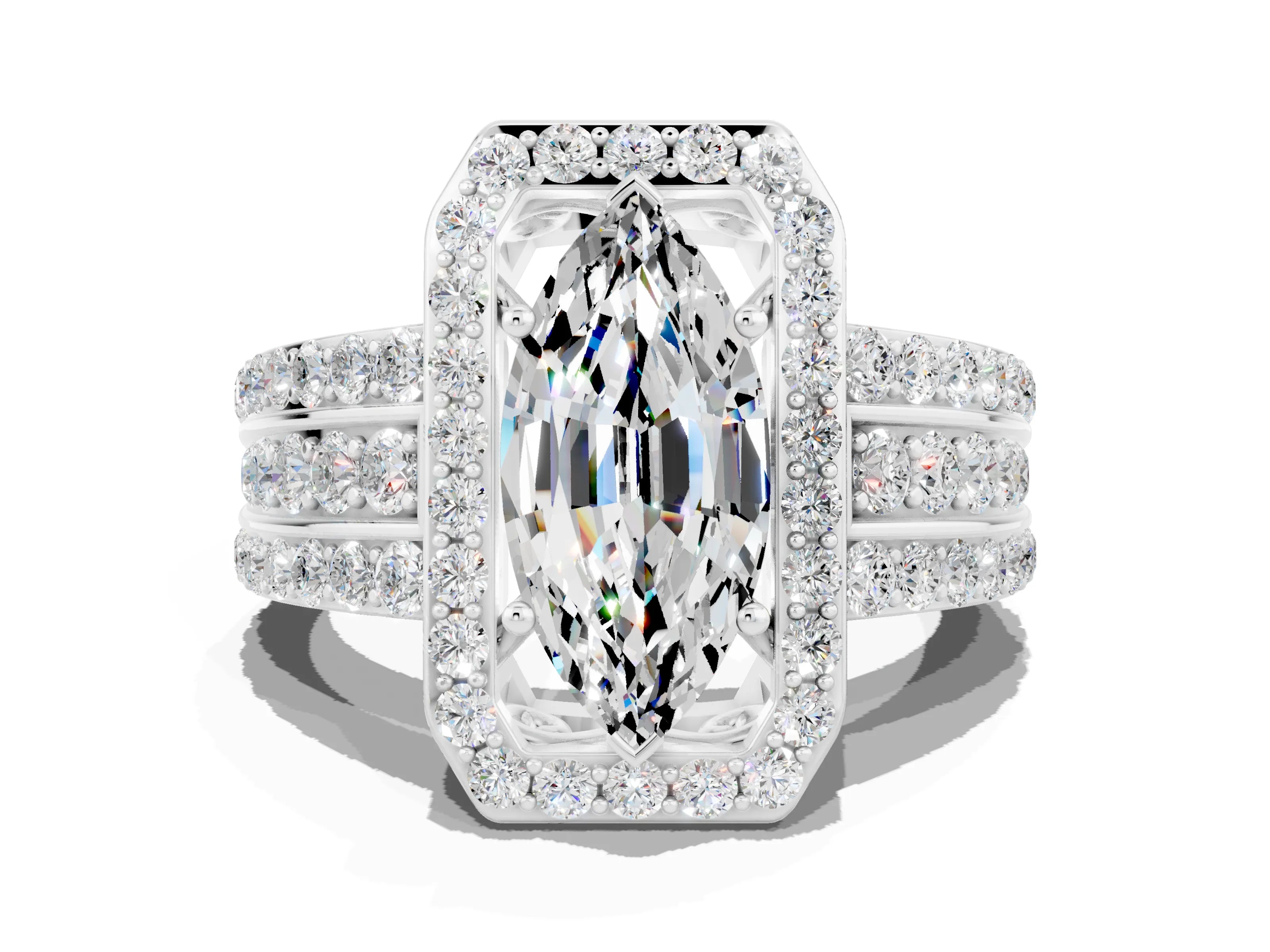 White gold Marquise Cut Halo Moissanite Ring with Round  Split Shank and Prong Setting_12