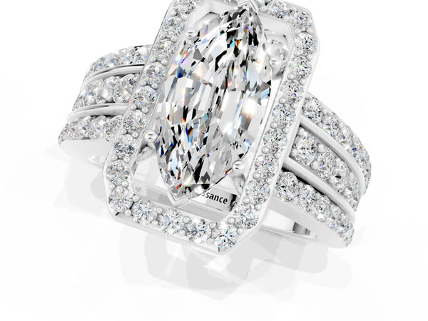 Platinum Marquise Cut Halo Moissanite Ring with Round  Split Shank and Prong Setting