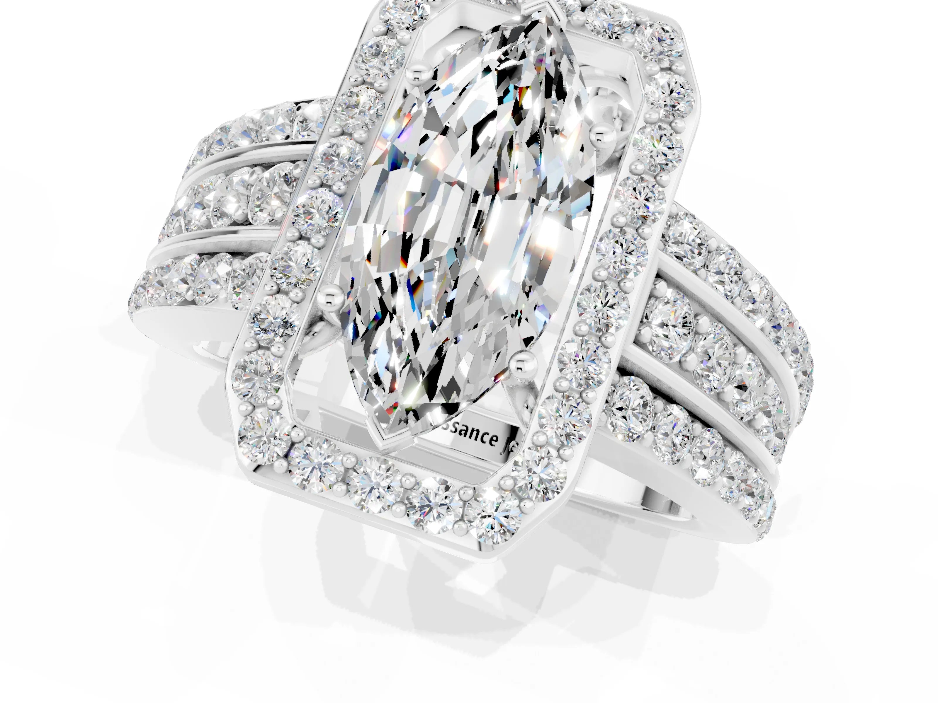 White gold Marquise Cut Halo Moissanite Ring with Round  Split Shank and Prong Setting_13