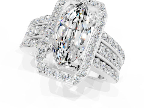 White gold Marquise Cut Halo Moissanite Ring with Round  Split Shank and Prong Setting_13