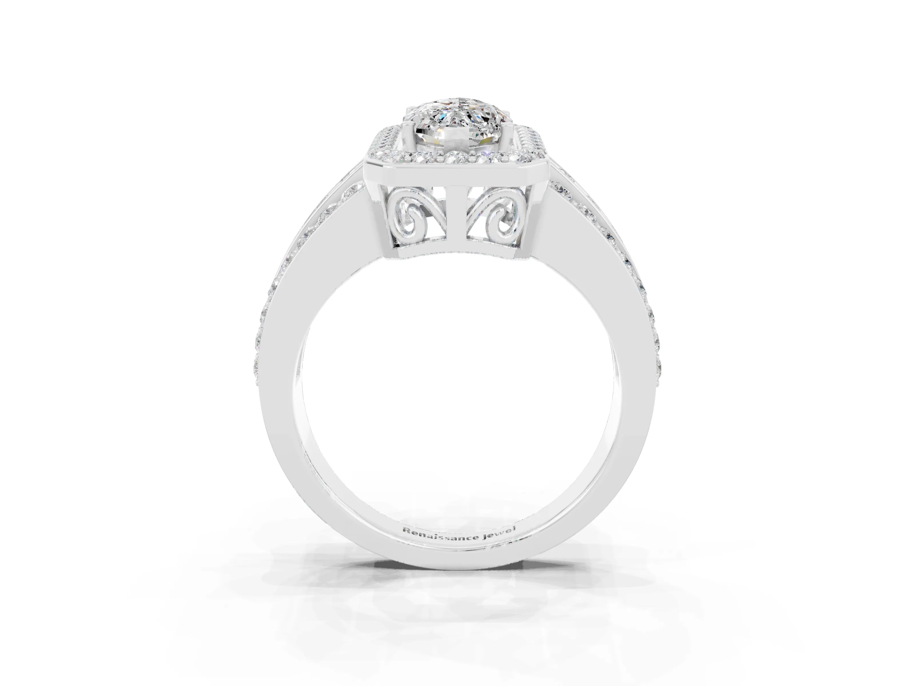 White gold Marquise Cut Halo Moissanite Ring with Round  Split Shank and Prong Setting_15