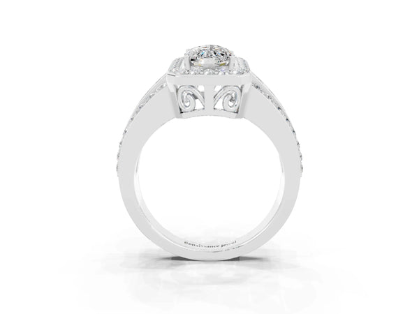 Silver Marquise Cut Halo Moissanite Ring with Round  Split Shank and Prong Setting