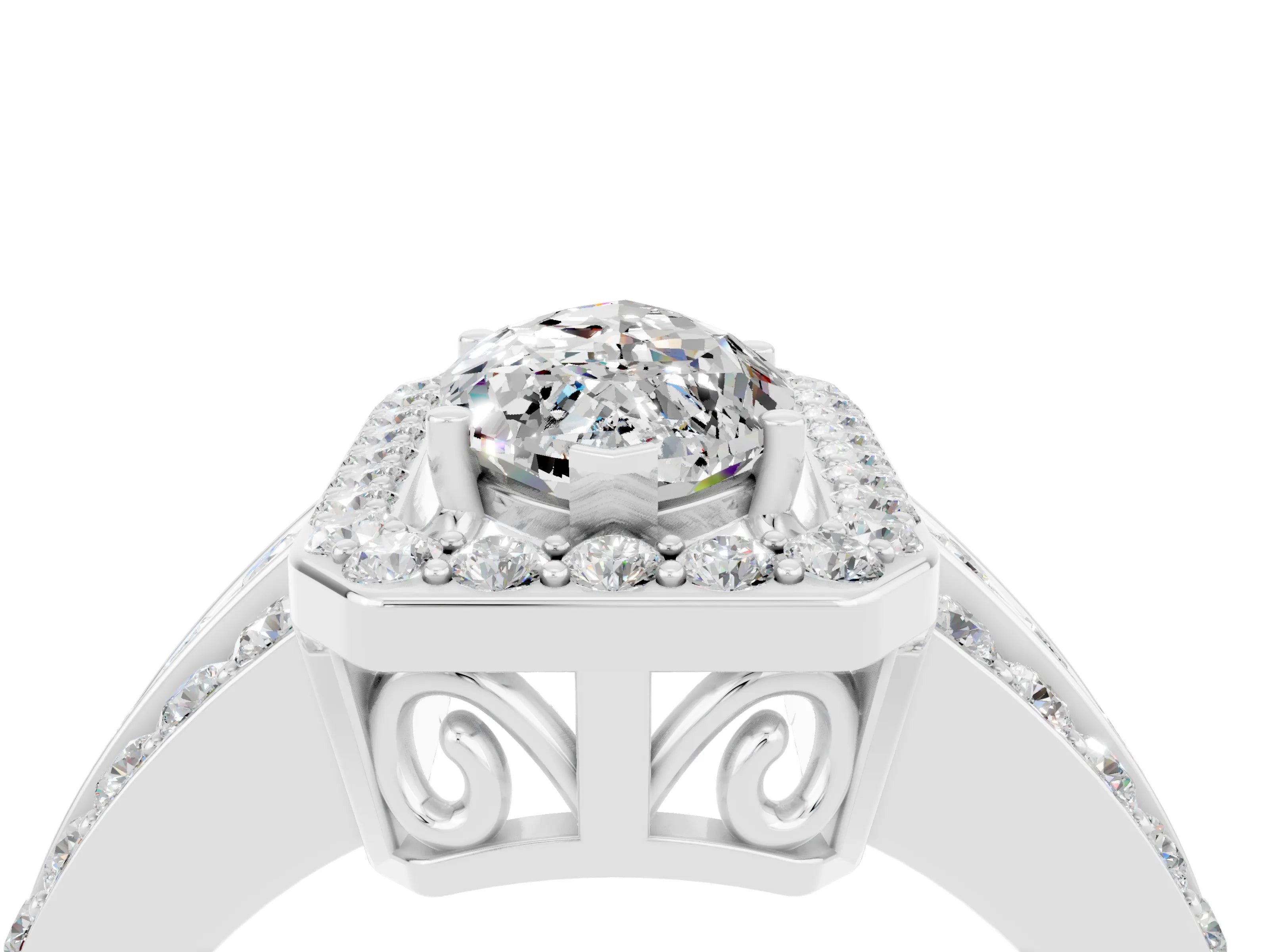 White gold Marquise Cut Halo Moissanite Ring with Round  Split Shank and Prong Setting_16