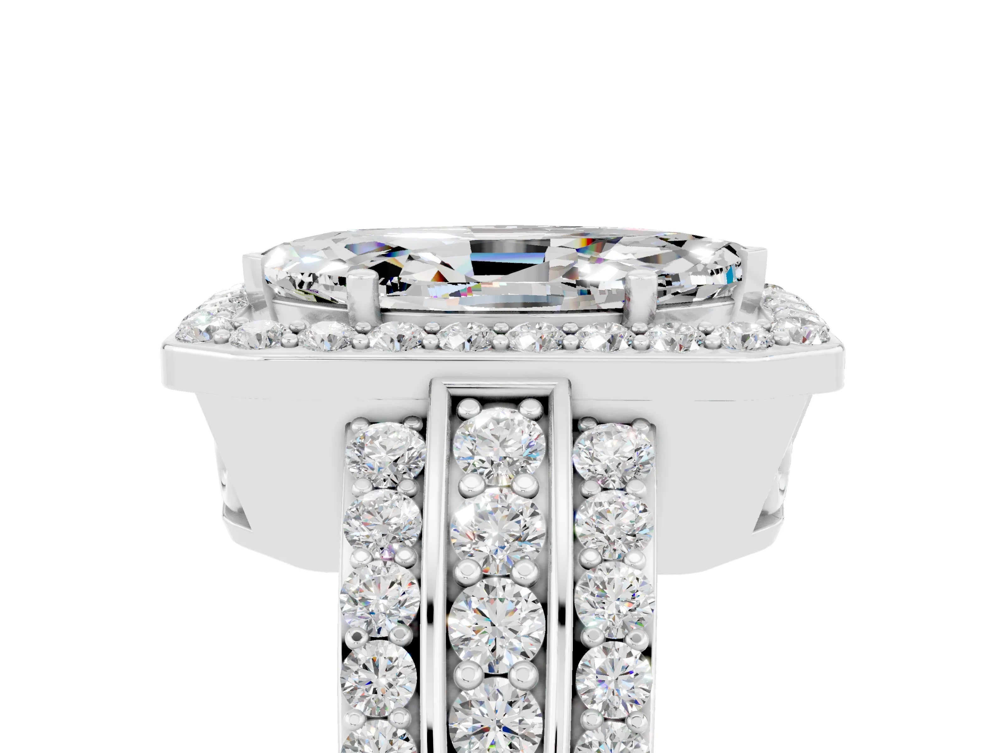 White gold Marquise Cut Halo Moissanite Ring with Round  Split Shank and Prong Setting_17