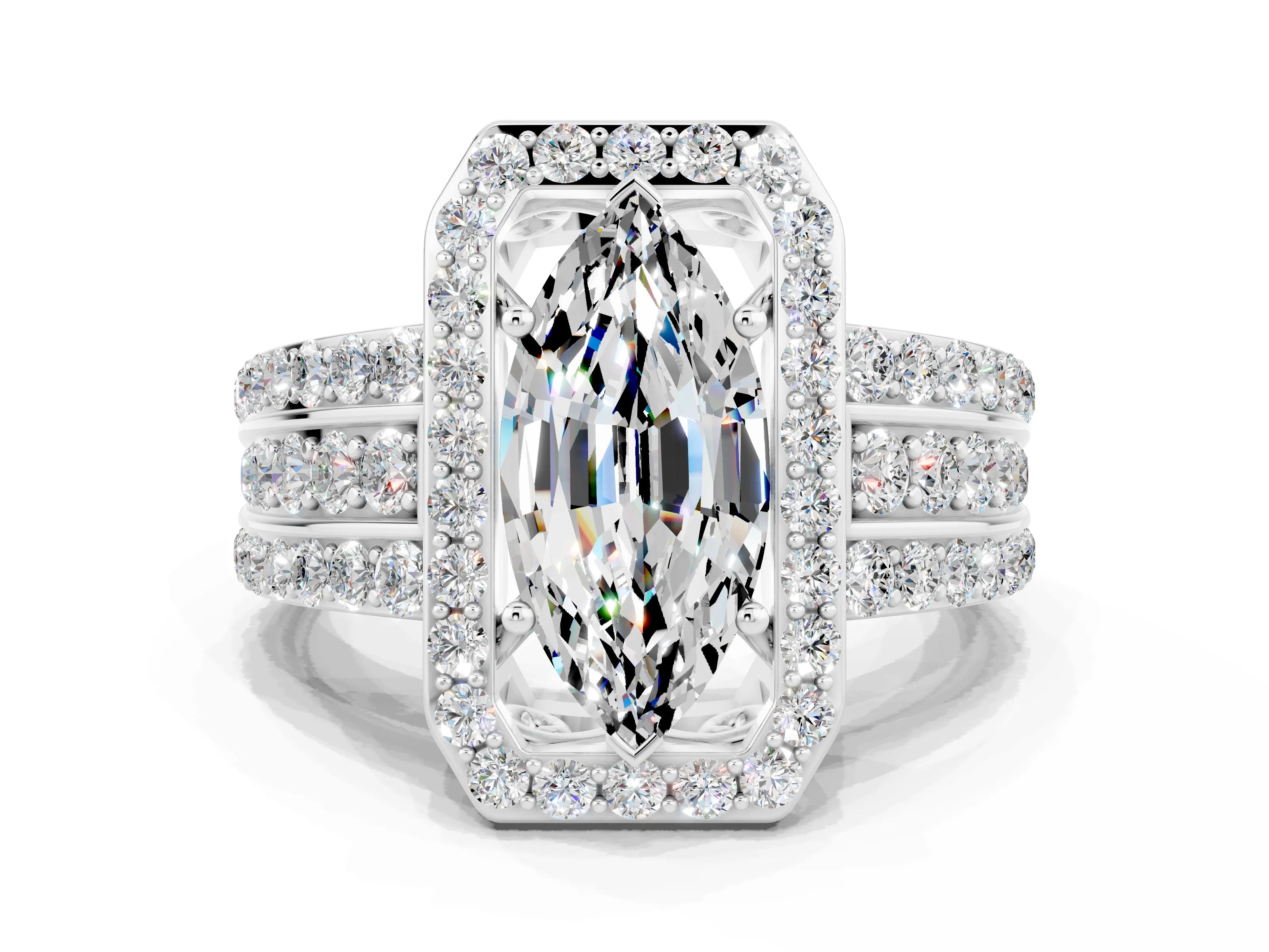 White gold Marquise Cut Halo Moissanite Ring with Split Shank and Four-Prong Setting