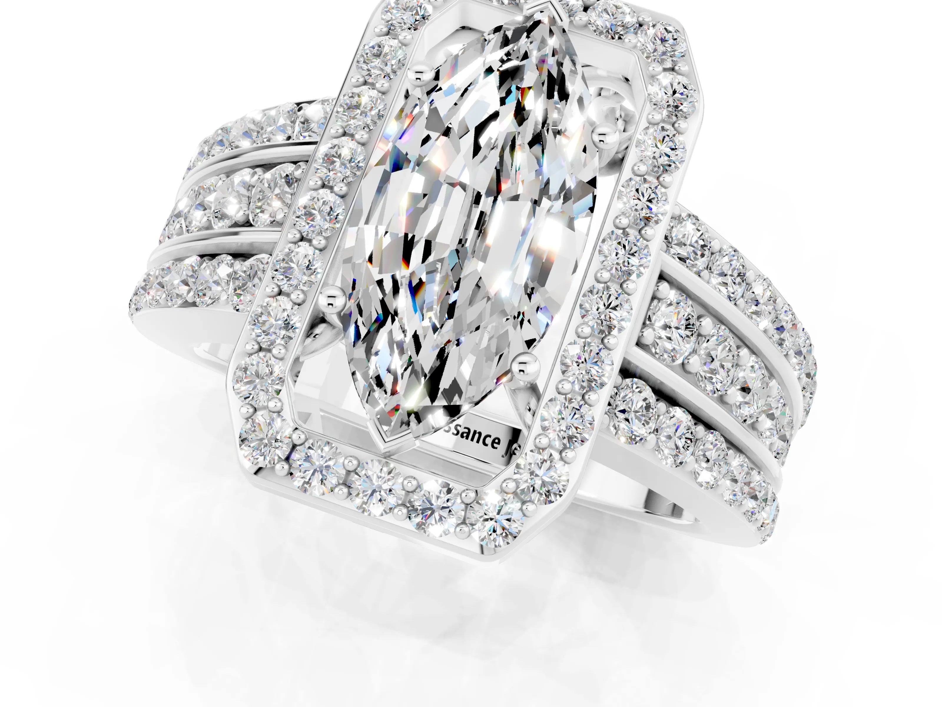 White gold Marquise Cut Halo Moissanite Ring with Split Shank and Four-Prong Setting_1