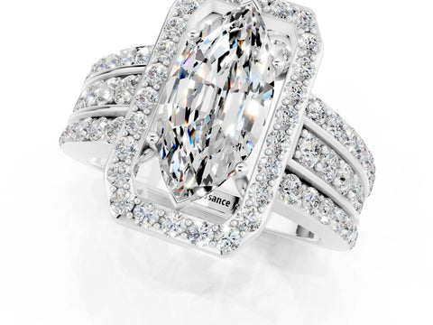 White gold Marquise Cut Halo Moissanite Ring with Split Shank and Four-Prong Setting_1