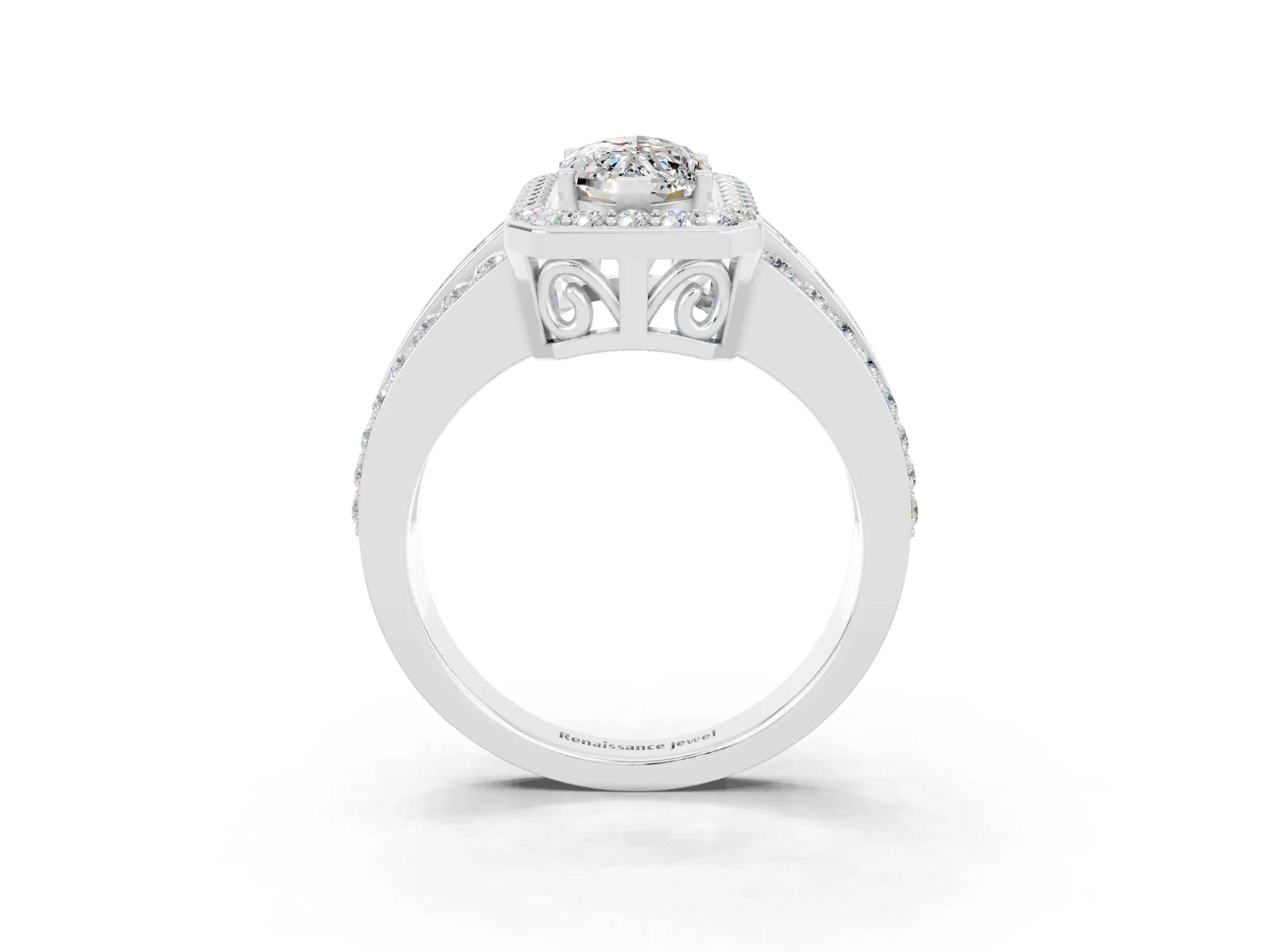White gold Marquise Cut Halo Moissanite Ring with Split Shank and Four-Prong Setting_3