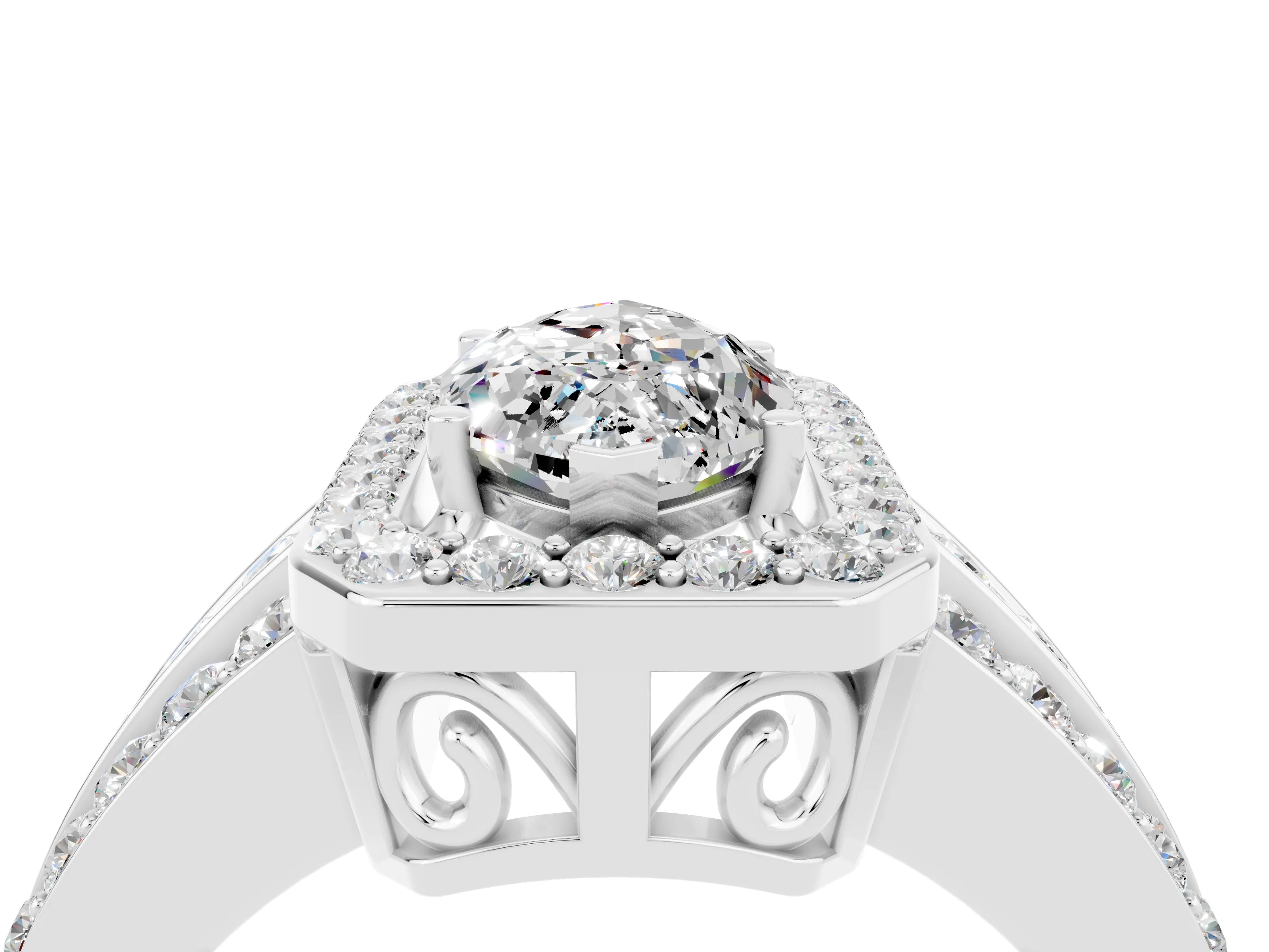 White gold Marquise Cut Halo Moissanite Ring with Split Shank and Four-Prong Setting_4