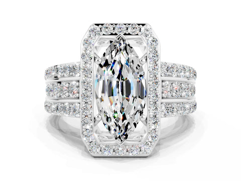 White gold Marquise Cut Halo Moissanite Ring with Split Shank and Four-Prong Setting