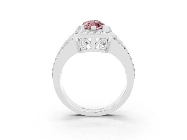 Platinum Marquise Cut Halo Morganite Ring with Round  Split Shank and Prong Setting
