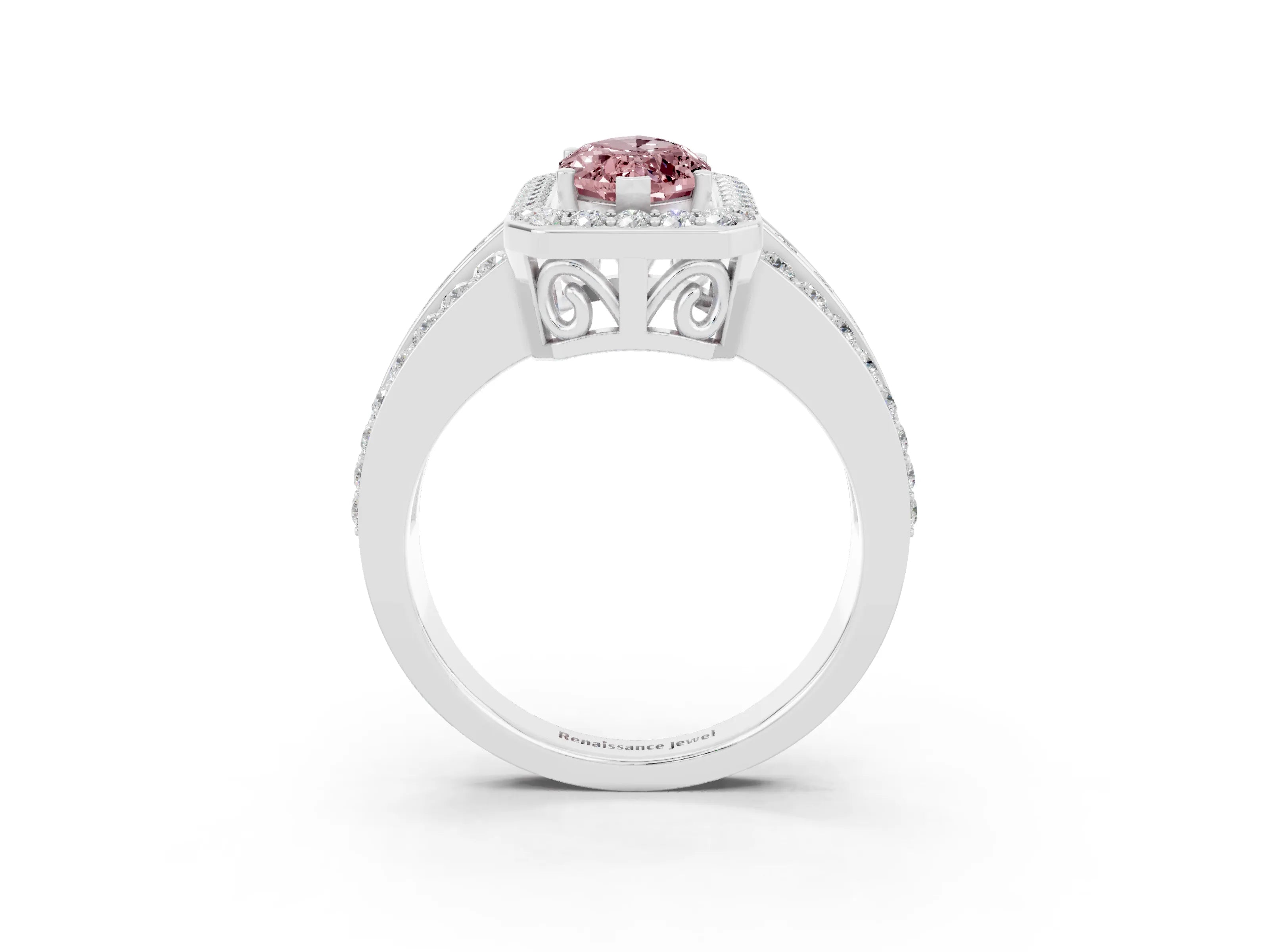 White gold Marquise Cut Halo Morganite Ring with Split Shank and Four-Prong Setting_3