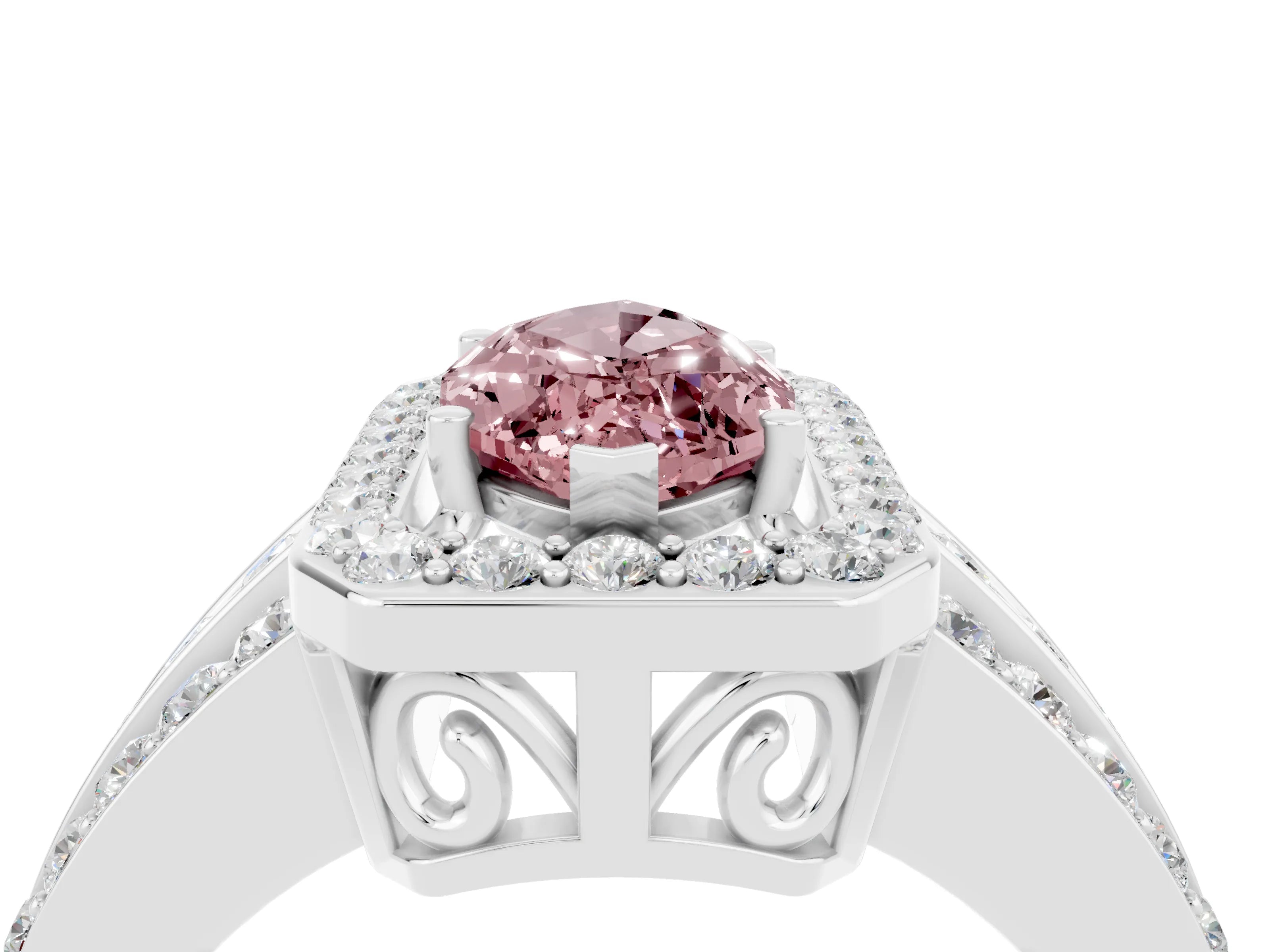 White gold Marquise Cut Halo Morganite Ring with Split Shank and Four-Prong Setting_4