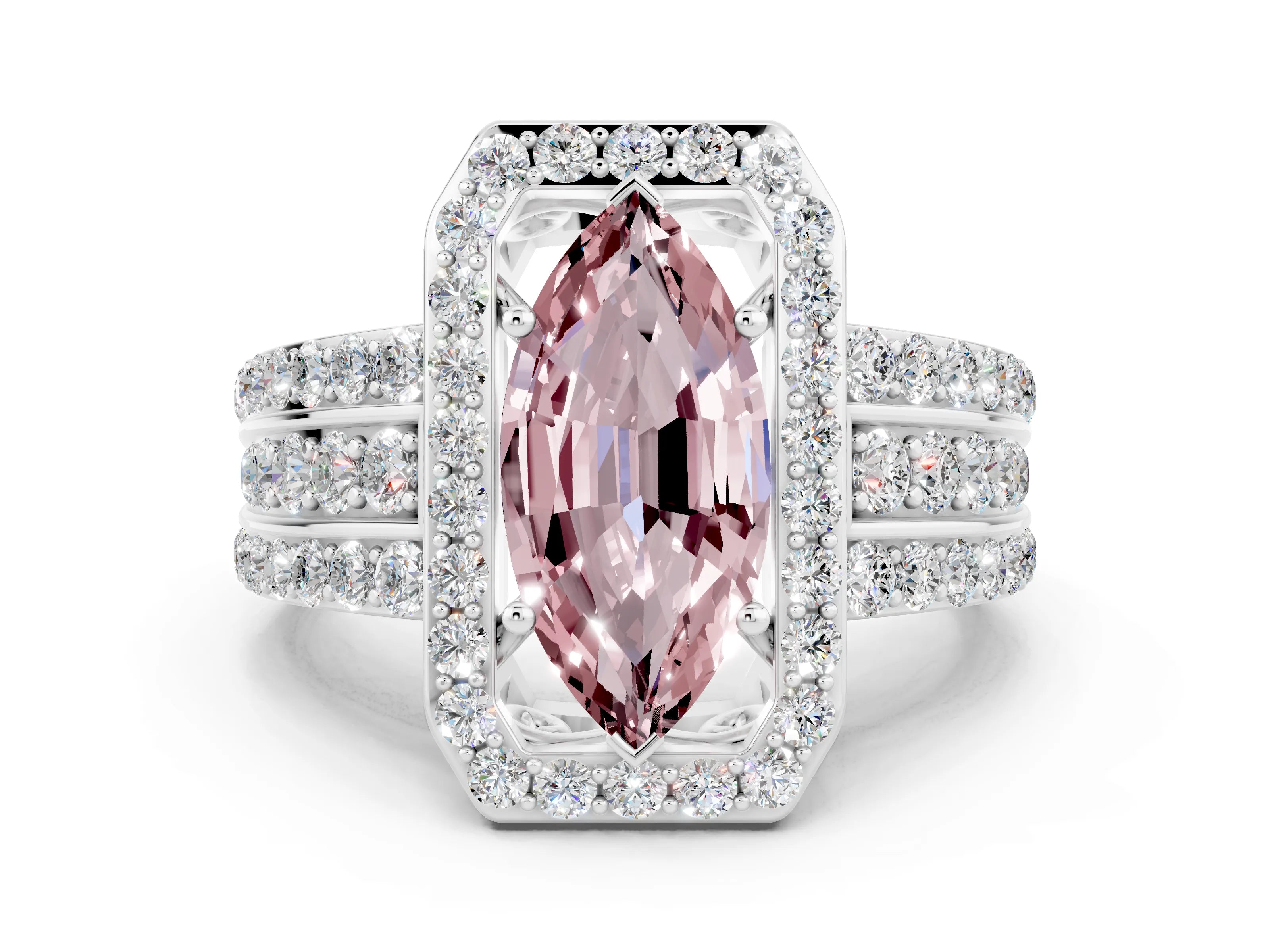 White gold Marquise Cut Halo Morganite Ring with Split Shank and Four-Prong Setting