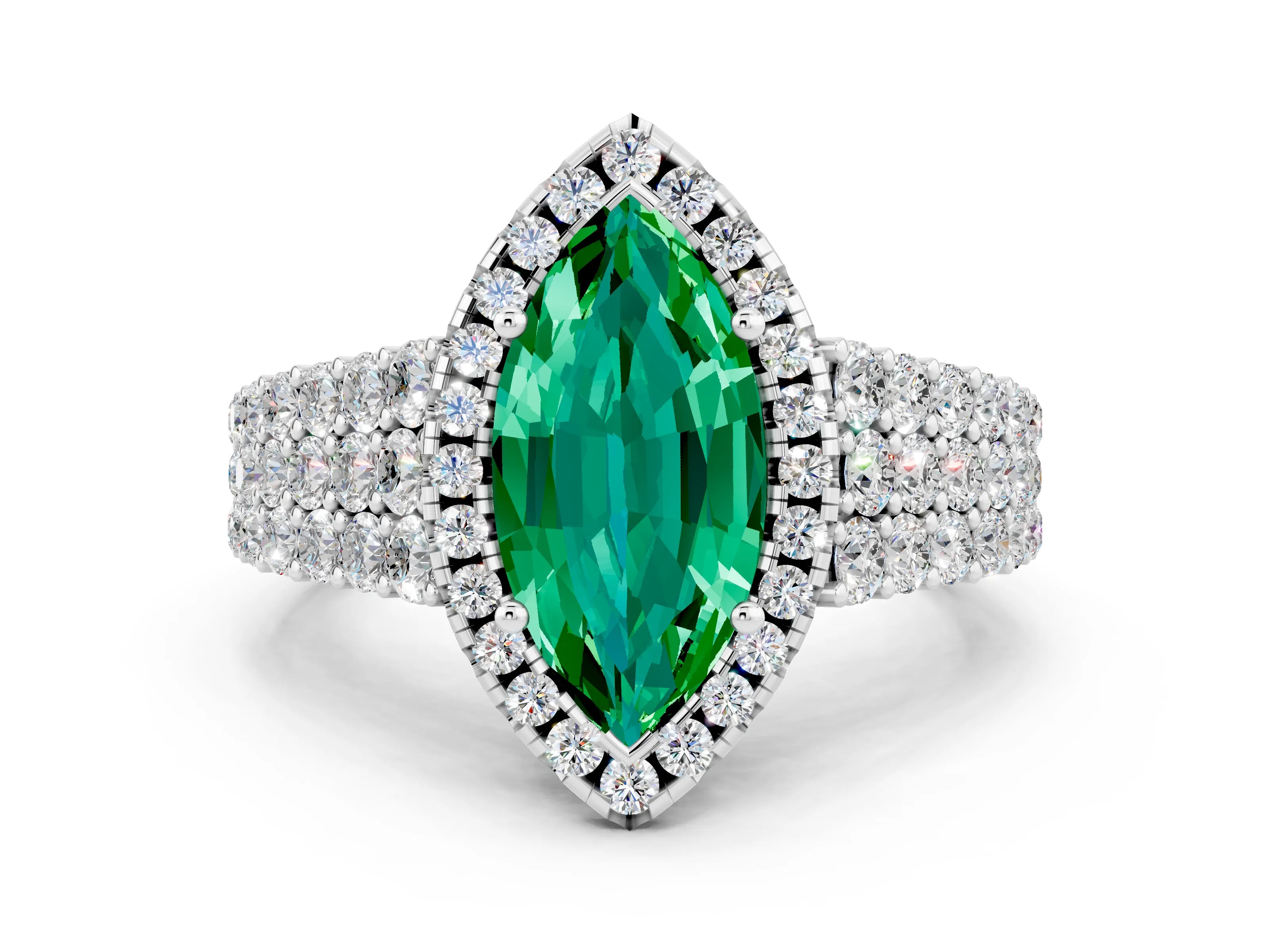 White gold Marquise Cut Halo Pavé Diamond Engagement Ring with Split Shank and Four-Prong Setting