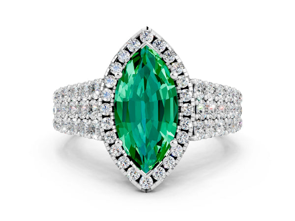 Platinum Marquise Cut Emerald Halo Engagement Ring with Triple Row Round Pavé Band and Prong Setting
