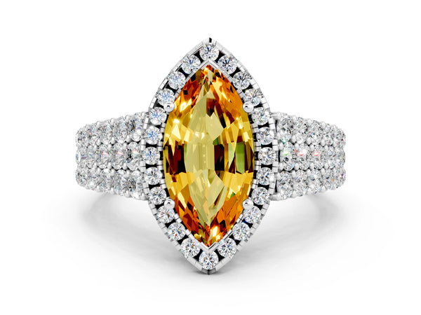 White gold Marquise Cut Citrine Halo Engagement Ring with Triple Row Round Pavé Band and Prong Setting