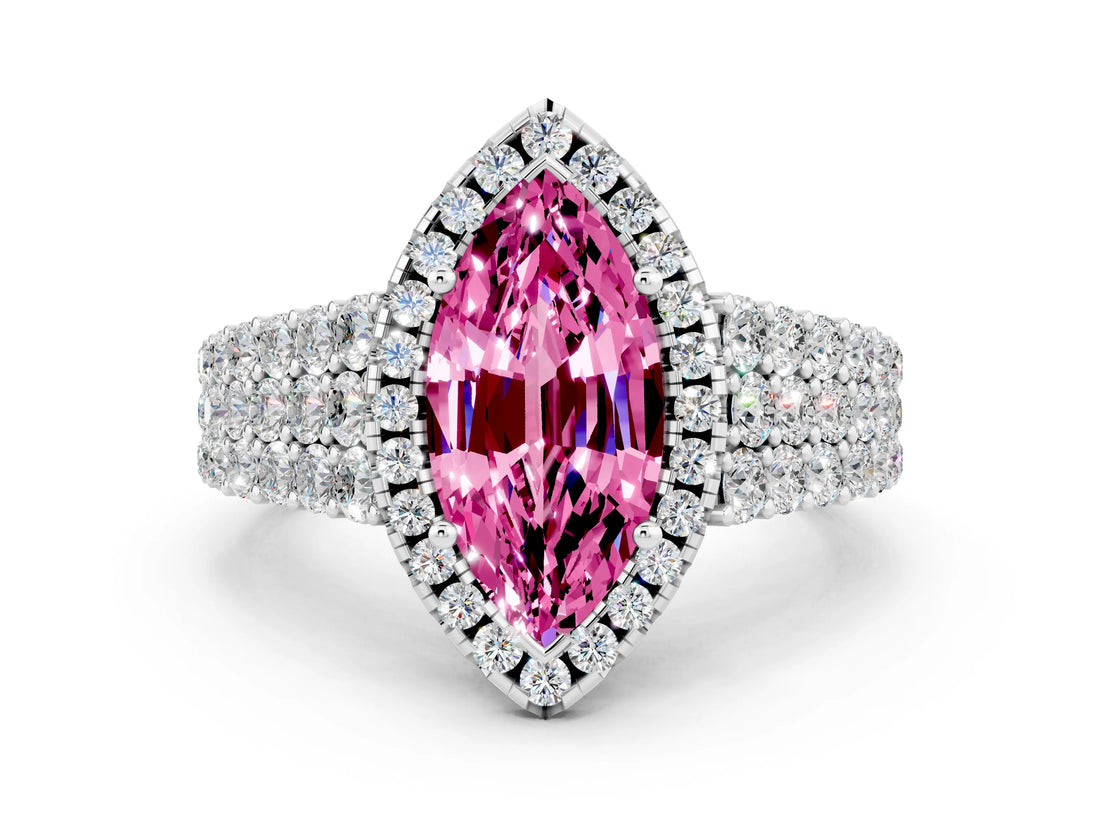 White gold Marquise Cut Halo Pavé Diamond Engagement Ring with Split Shank and Four-Prong Setting