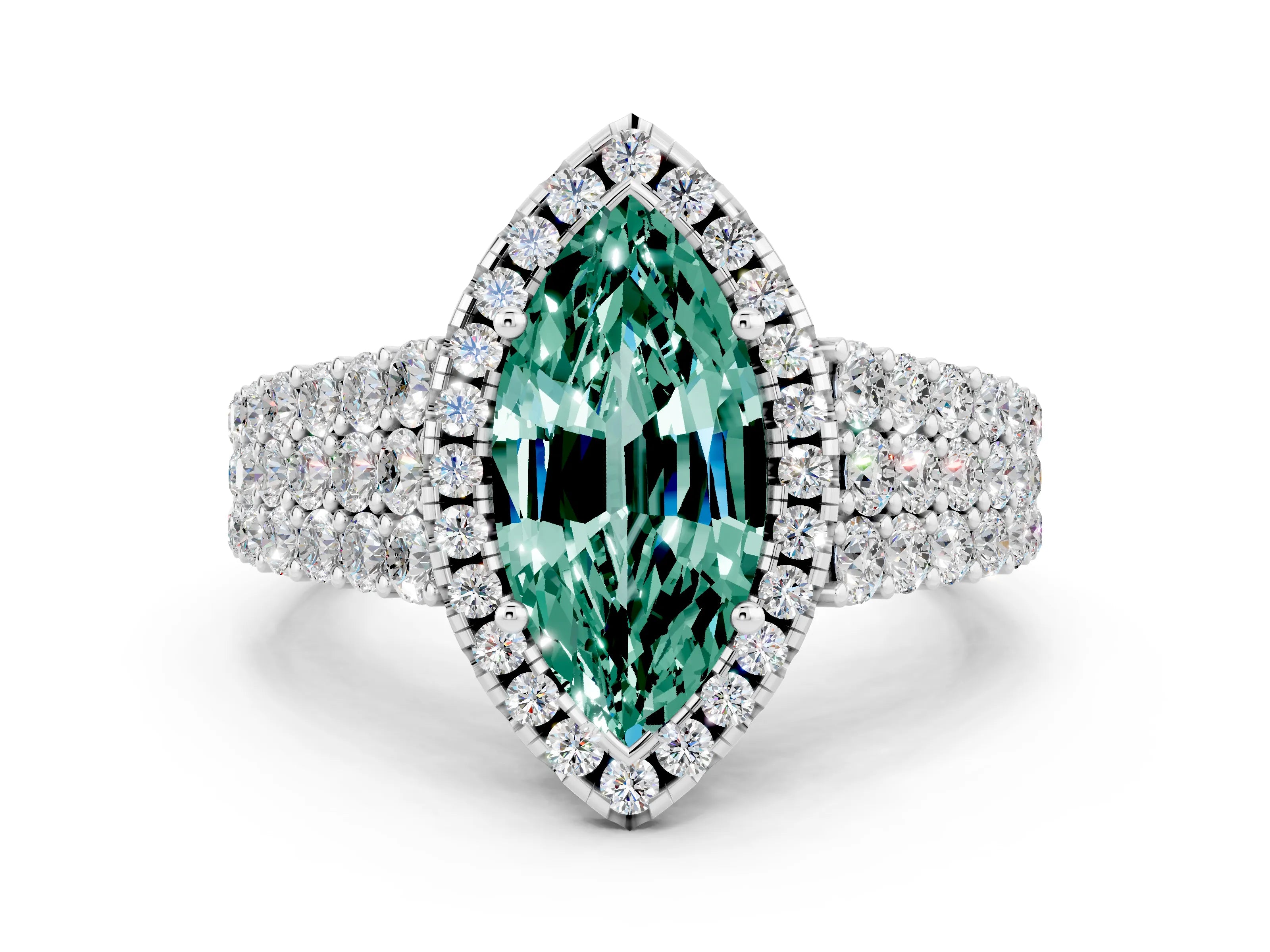 White gold Marquise Cut Halo Pavé Diamond Engagement Ring with Split Shank and Four-Prong Setting