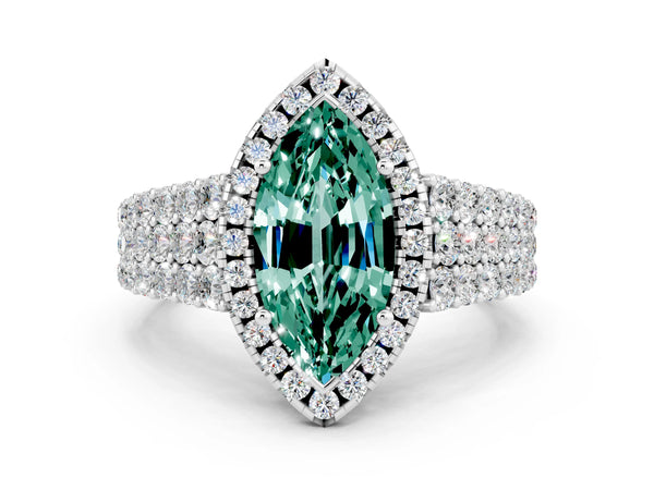 Platinum Marquise Cut Green Sapphire Halo Engagement Ring with Triple Row Round Pavé Band and Prong Setting