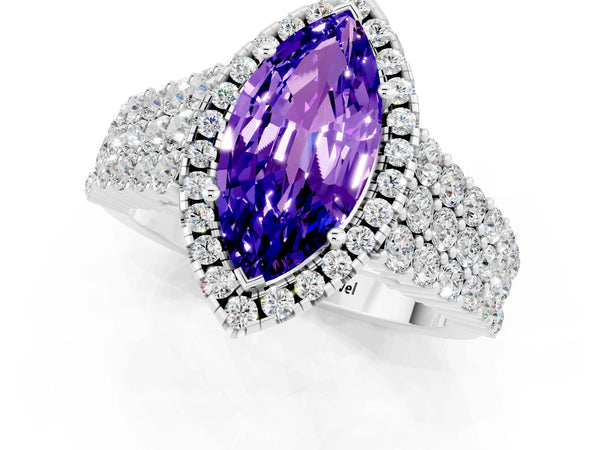 Platinum Marquise Cut Tanzanite Halo Engagement Ring with Triple Row Round Pavé Band and Prong Setting