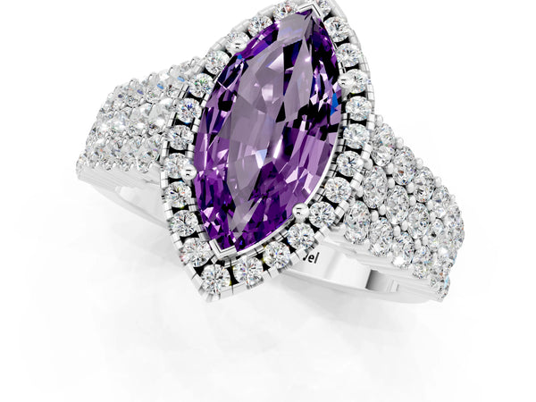 Silver Marquise Cut Amethyst Halo Engagement Ring with Triple Row Round Pavé Band and Prong Setting