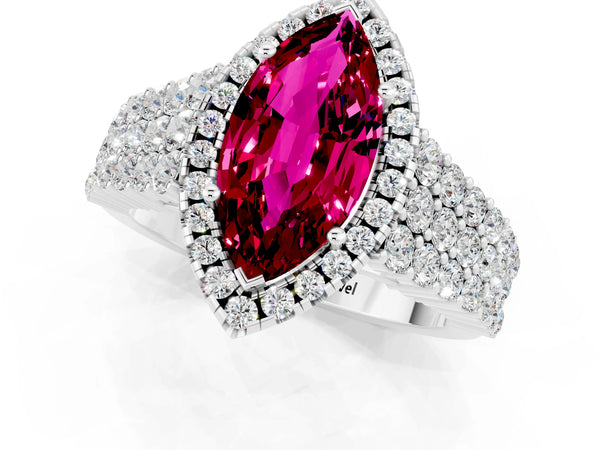 Platinum Marquise Cut Garnet Halo Engagement Ring with Triple Row Round Pavé Band and Prong Setting