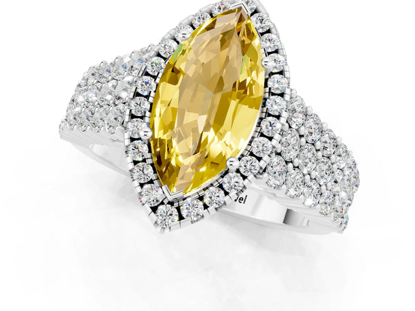 Silver Marquise Cut Yellow Sapphire Halo Engagement Ring with Triple Row Round Pavé Band and Prong Setting