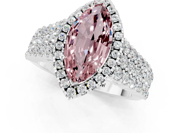 Silver Marquise Cut Halo Pavé Diamond Engagement Ring with Split Shank and Four-Prong Setting