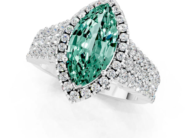 White gold Marquise Cut Green Sapphire Halo Engagement Ring with Triple Row Round Pavé Band and Prong Setting