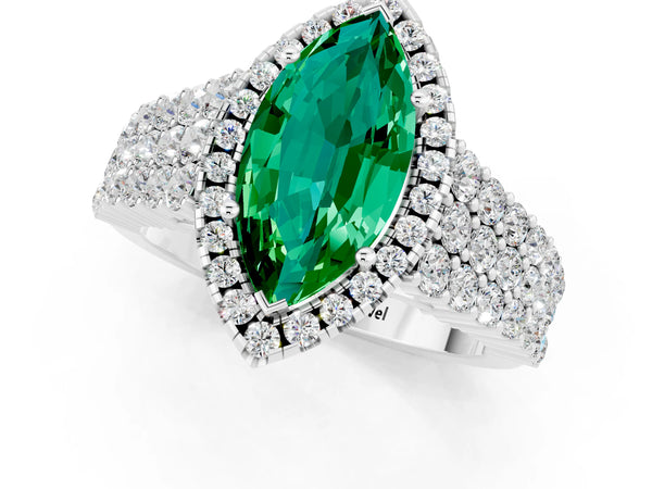 Silver Marquise Cut Emerald Halo Engagement Ring with Triple Row Round Pavé Band and Prong Setting