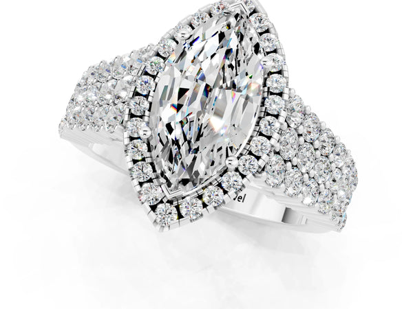 White gold Marquise Cut Moissanite Halo Engagement Ring with Triple Row Round Pavé Band and Prong Setting