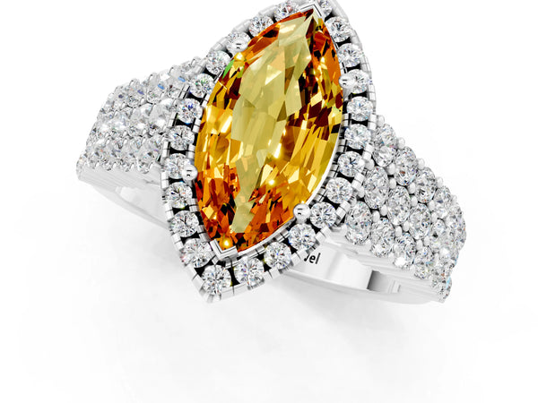 Platinum Marquise Cut Citrine Halo Engagement Ring with Triple Row Round Pavé Band and Prong Setting