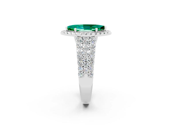Platinum Marquise Cut Emerald Halo Engagement Ring with Triple Row Round Pavé Band and Prong Setting