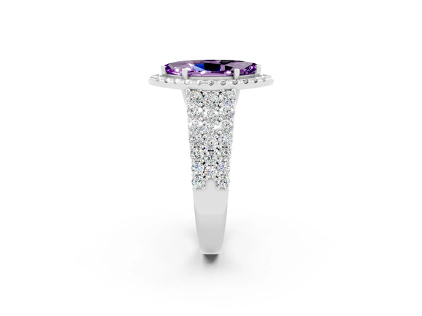 Platinum Marquise Cut Amethyst Halo Engagement Ring with Triple Row Round Pavé Band and Prong Setting