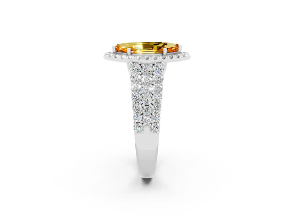 Silver Marquise Cut Citrine Halo Engagement Ring with Triple Row Round Pavé Band and Prong Setting