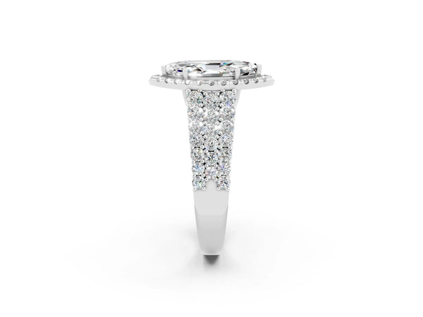 Silver Marquise Cut Moissanite Halo Engagement Ring with Triple Row Round Pavé Band and Prong Setting